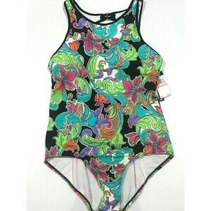 Jantzen Floral Print High Neck Sporty Swimsuit Swim Bathing Suit 16 Colorful